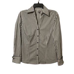 Worthington 4 Striped White Black Button Up Long Sleeve Cotton Blend Shirt